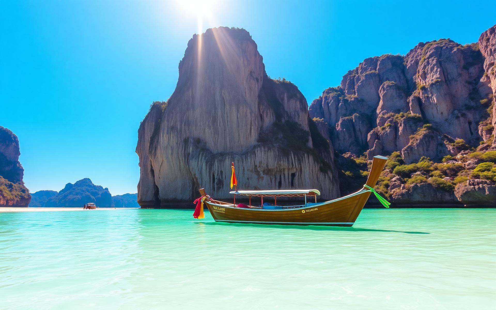 Longtail boat on turquoise water beside limestone cliffs in the Andaman Sea